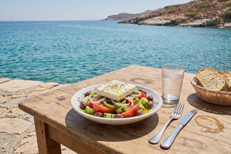 Greek salad horiatiki with a slab of feta on a wooden table by the Aegean sea