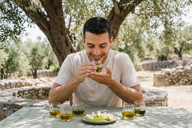 Man tasting extra virgin olive oil from tasting glasses at a table in an olive grove