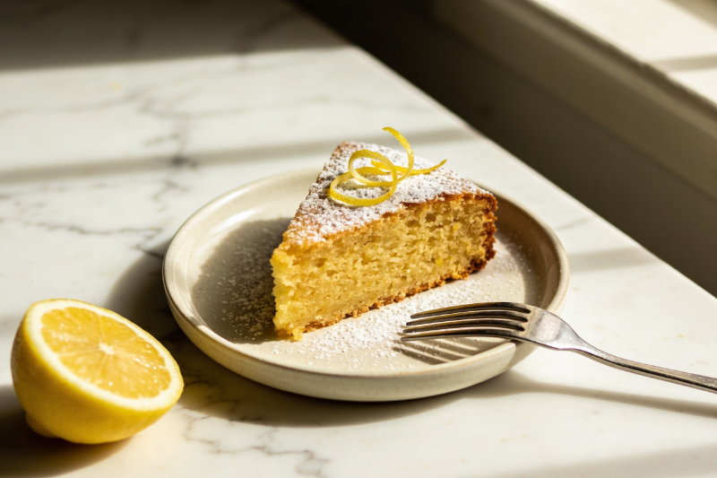 Slice of lemon olive oil cake on a marble surface