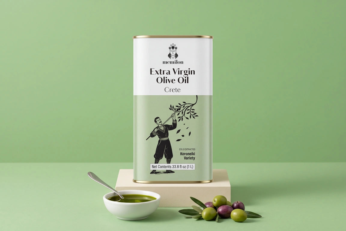 Cold pressed olive oil: Memilon Crete extra virgin olive oil tin on a cream plinth beside a bowl of olive oil and fresh olives