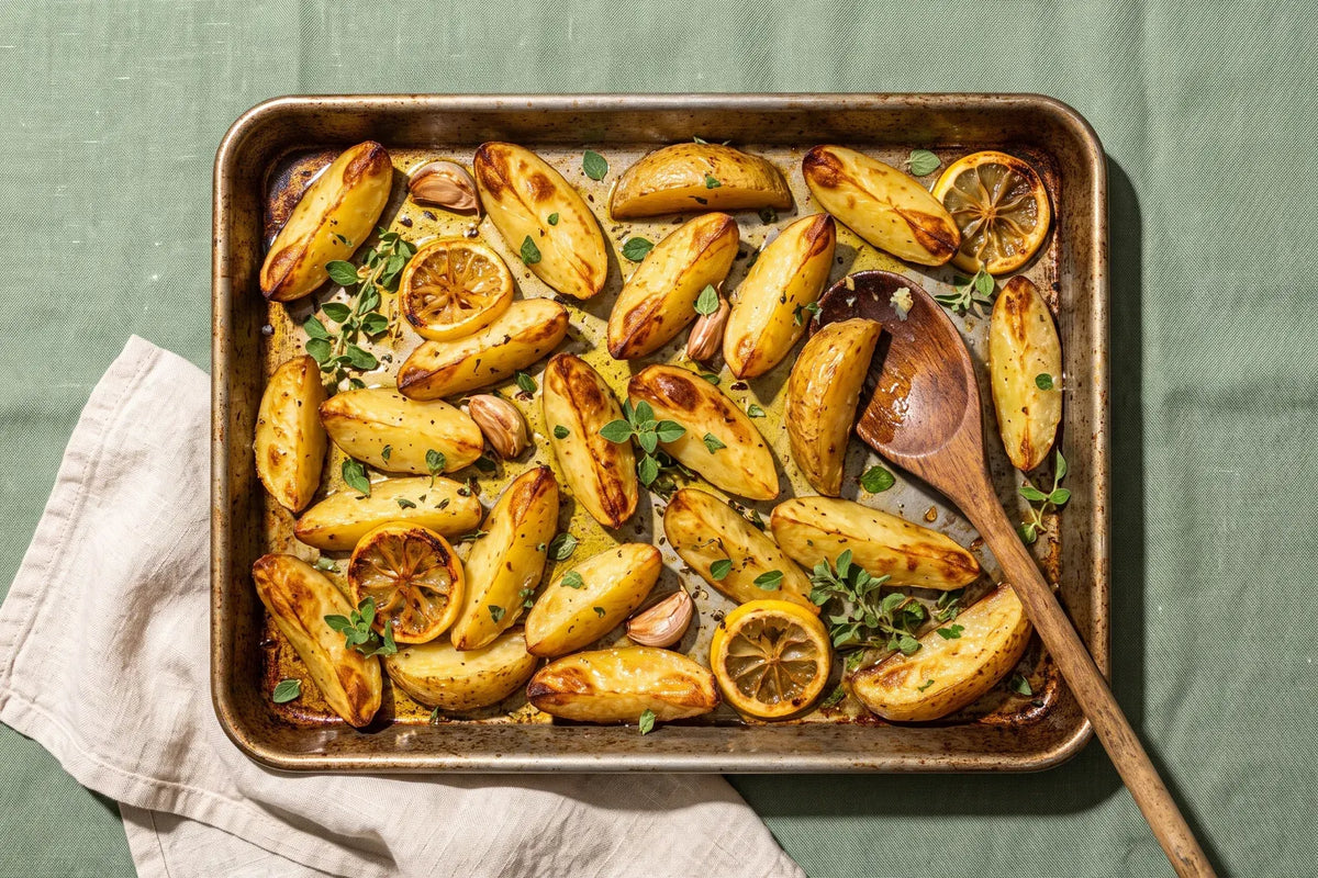 Greek lemon potatoes roasted with olive oil, garlic, oregano and lemon slices in a baking tray