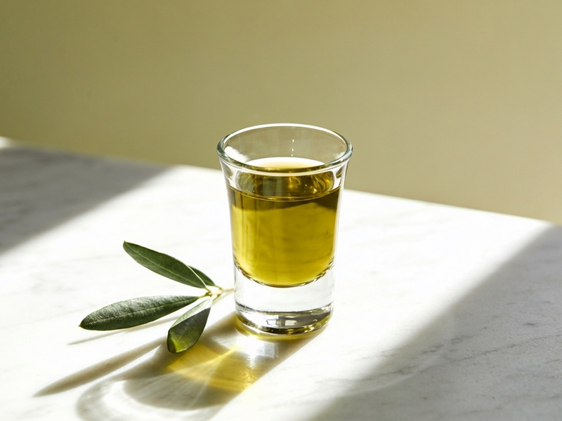Fresh green olive oil in a glass, backlit, showing color and clarity