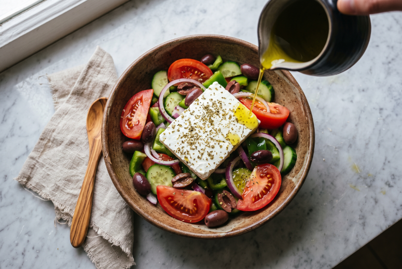 Greek village salad in a rustic bowl with olive oil being poured