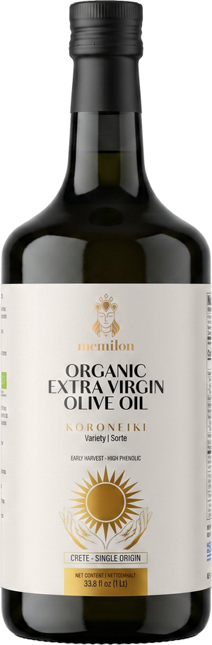 Memilon BIO Crete certified organic Greek extra virgin olive oil, 33.8 fl oz glass bottle