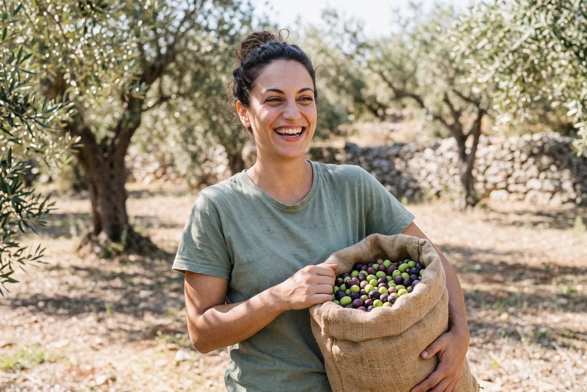 Freshly picked olives in a harvest sack