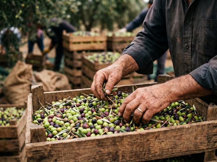 Freshly picked olives in a harvest sack